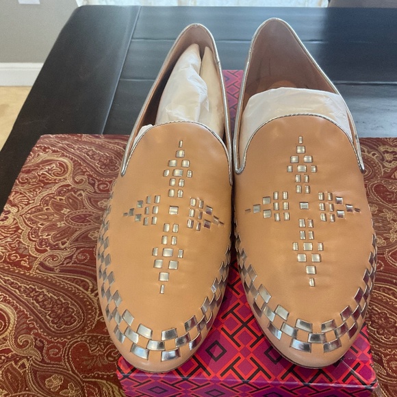 TORY BURCH MARLOW LEATHER natural vachetta/silver loafers,size 10,BNIB,MSRP$318